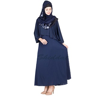 Abaya online- Navy Blue Cap Collar Attached